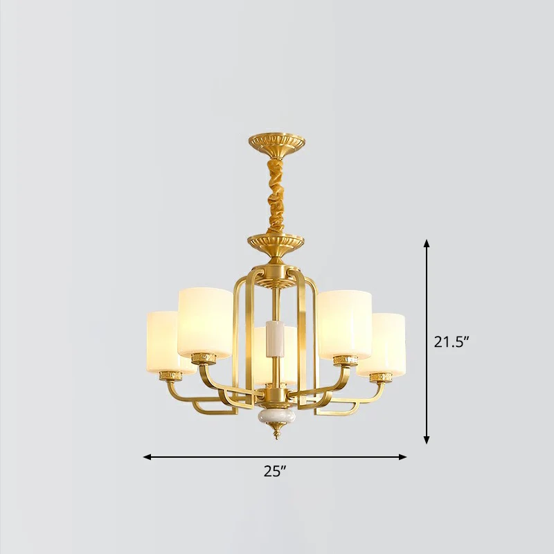 Traditionele cilinderkroonluchter Melkachtig glazen plafondhanglamp messing voor woonkamer Clearhalo