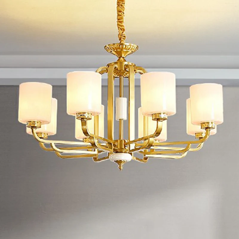 Traditionele cilinderkroonluchter Melkachtig glazen plafondhanglamp messing voor woonkamer Clearhalo