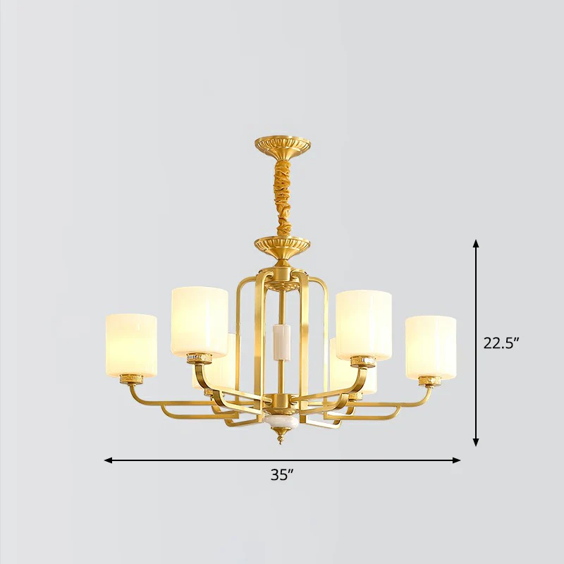 Traditionele cilinderkroonluchter Melkachtig glazen plafondhanglamp messing voor woonkamer Clearhalo