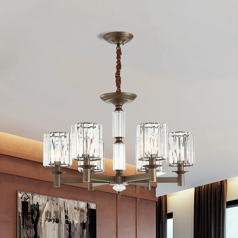 Traditionele cilindrische hanglamp met 6 koppen kristallen hangende kroonluchter messing Clearhalo