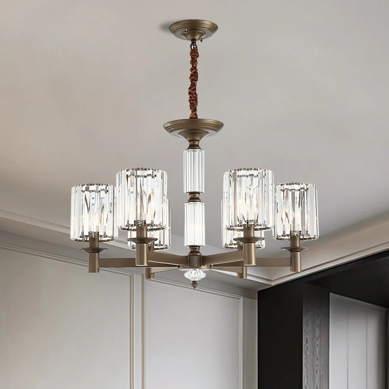 Traditionele cilindrische hanglamp met 6 koppen kristallen hangende kroonluchter messing Clearhalo
