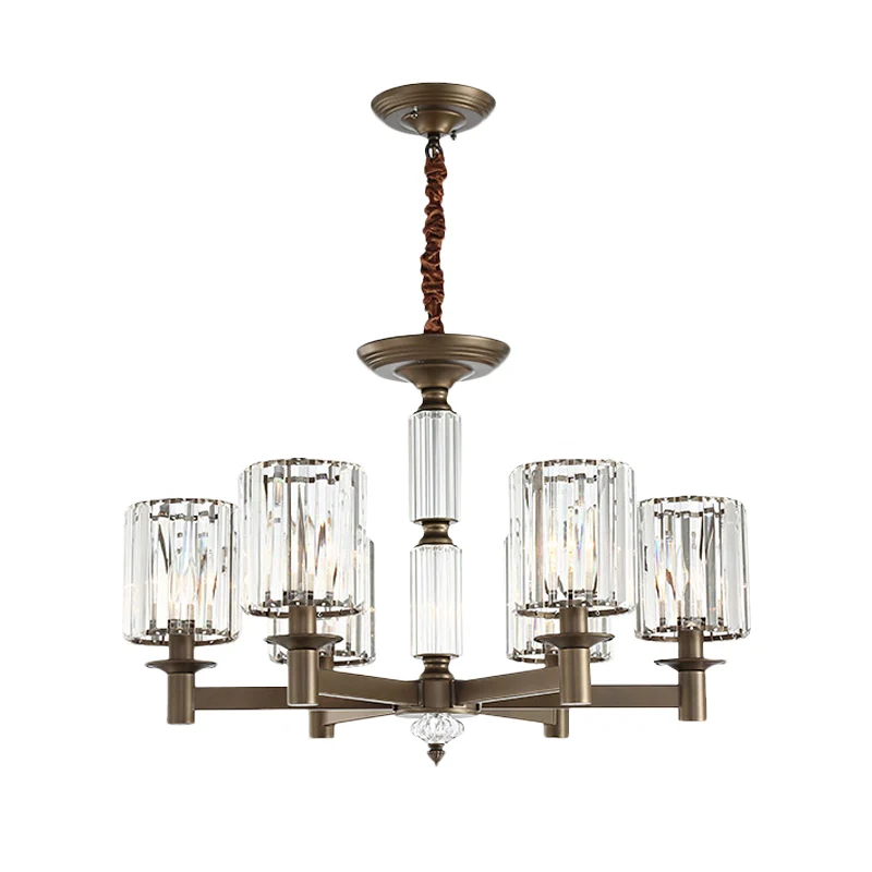 Traditionele cilindrische hanglamp met 6 koppen kristallen hangende kroonluchter messing Clearhalo