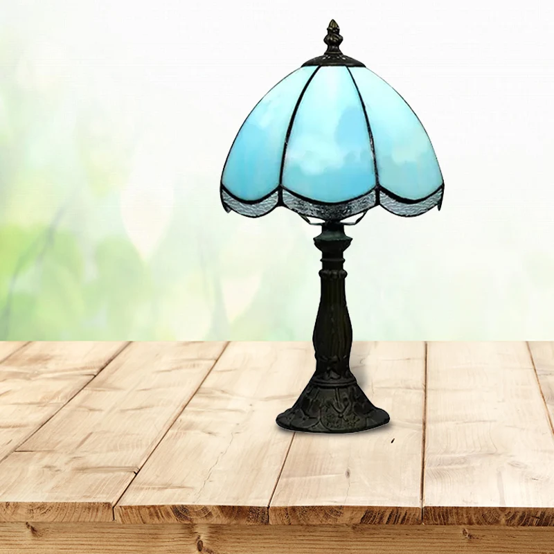 Traditionele geschulpte tafelverlichting 1-lichts gebrandschilderd glas binnenverlichtingsarmatuur blauw/wit Clearhalo