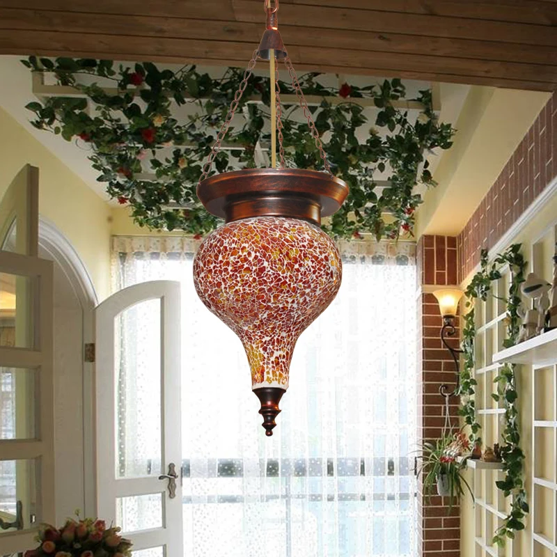 Traditionele hangende urnhanger met 1 kop, veelkleurig glas--lood hangend verlichtingsarmatuur oranjerood Clearhalo