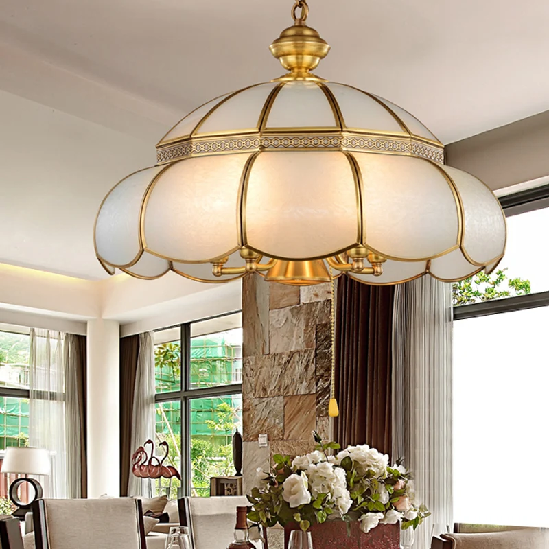 Traditionele hoed hangende kroonluchter wit glas 5 lampen hanglamp messing voor eetkamer Clearhalo