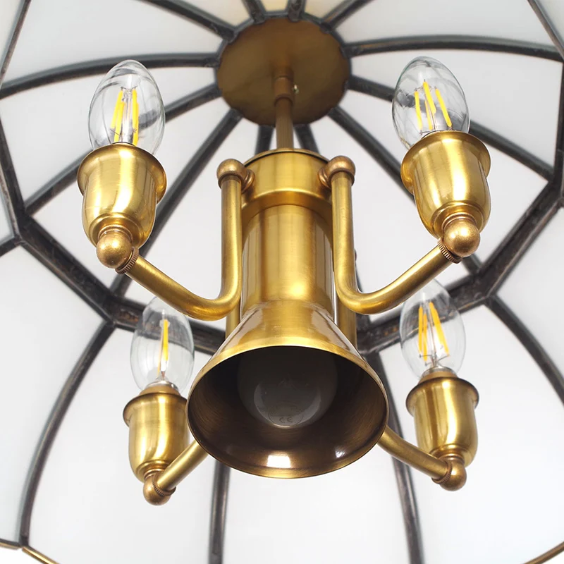 Traditionele hoed hangende kroonluchter wit glas 5 lampen hanglamp messing voor eetkamer Clearhalo