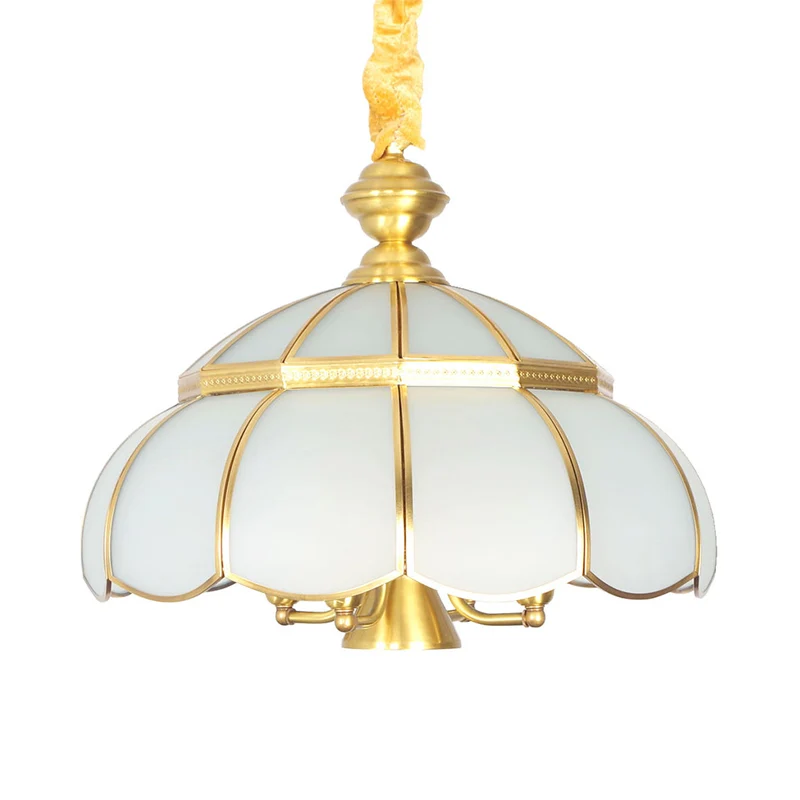 Traditionele hoed hangende kroonluchter wit glas 5 lampen hanglamp messing voor eetkamer Clearhalo