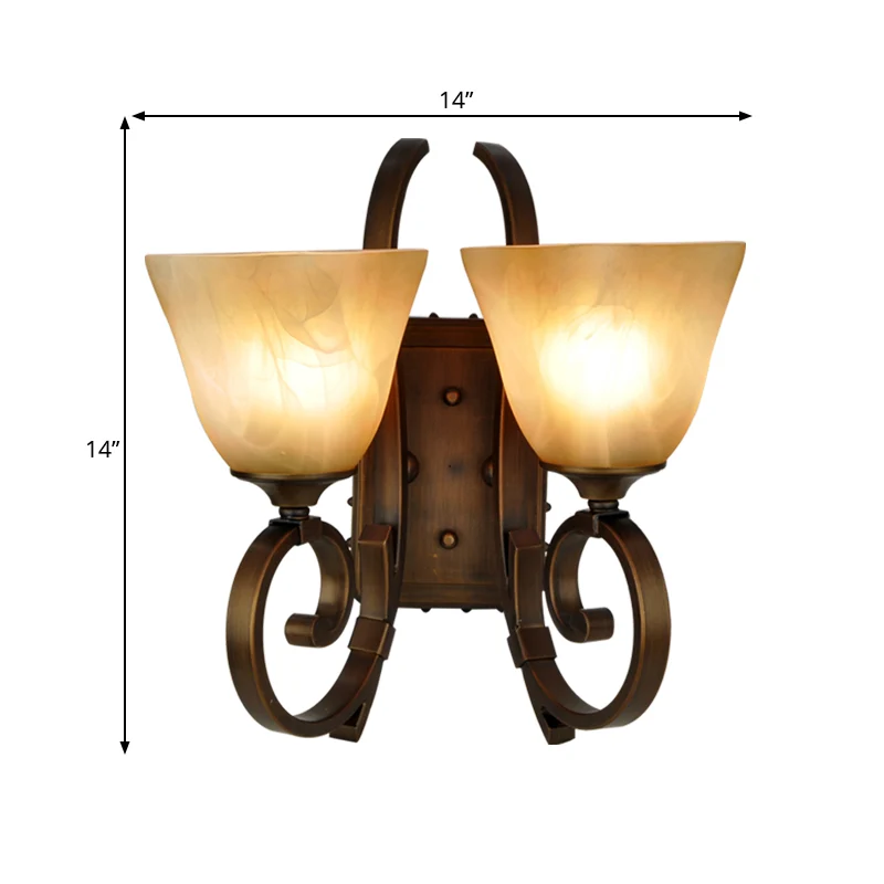 Traditionele klokkenlamp met 2 lampen, matglazen wandlamp brons met scrollende arm Clearhalo