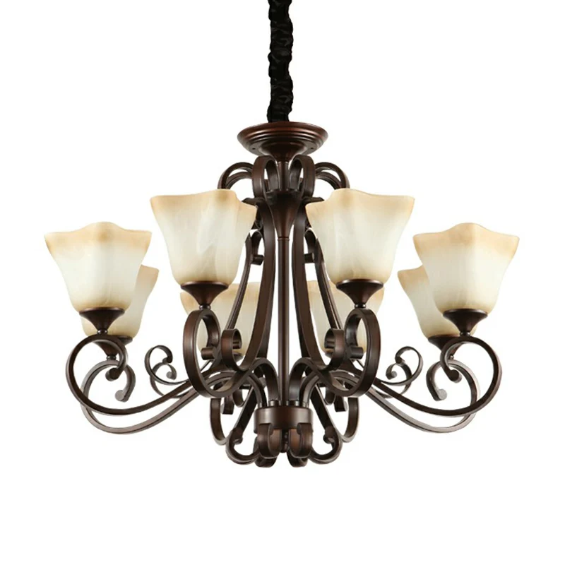 Traditionele klokvormige plafondverlichting, opaalglazen kroonluchterlamp met scrollarm koper Clearhalo