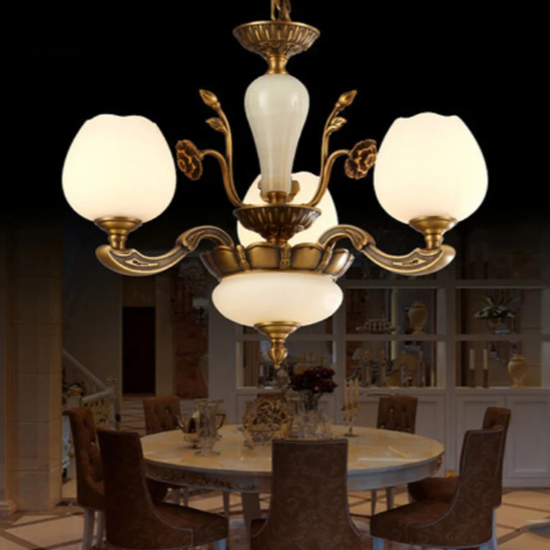 Traditionele knopvormige hanglamp 3/6 lichts matwitte glazen kroonluchter messing Clearhalo