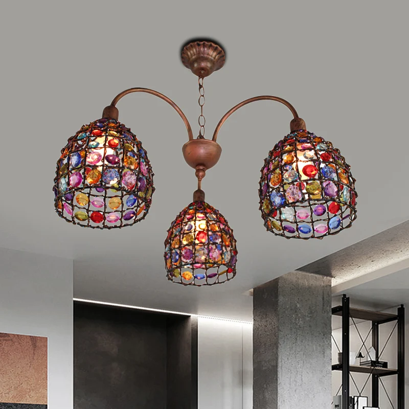 Traditionele koepelkroonluchter verlichtingsarmatuur 3 koppen metalen druppelhanger brons voor slaapkamer Clearhalo