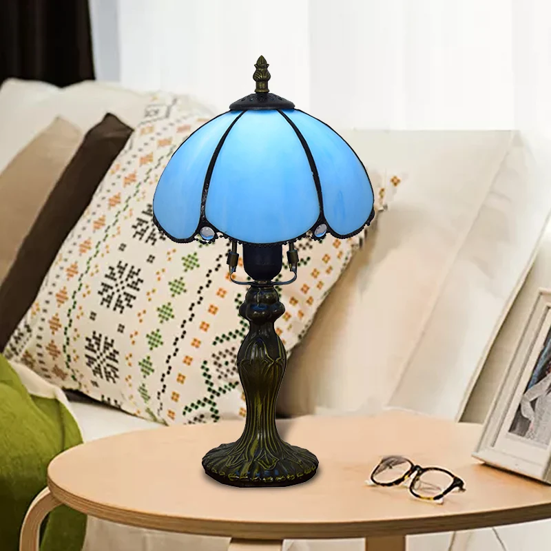 Traditionele koepelvormige leeslamp Art Glass 1-lichts tafellamp met kalebasbasis blauw/geel voor studeerkamer Clearhalo