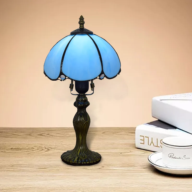 Traditionele koepelvormige leeslamp Art Glass 1-lichts tafellamp met kalebasbasis blauw/geel voor studeerkamer Clearhalo