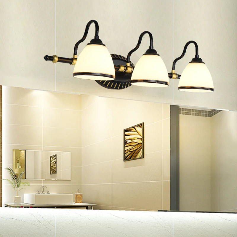 Traditionele kom ijdelheid verlichtingsarmatuur 2/3 lampen melkachtig glazen schans wandlamp zwart met metalen gebogen arm...