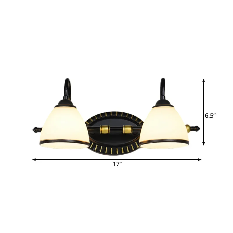 Traditionele kom ijdelheid verlichtingsarmatuur 2/3 lampen melkachtig glazen schans wandlamp zwart met metalen gebogen arm...