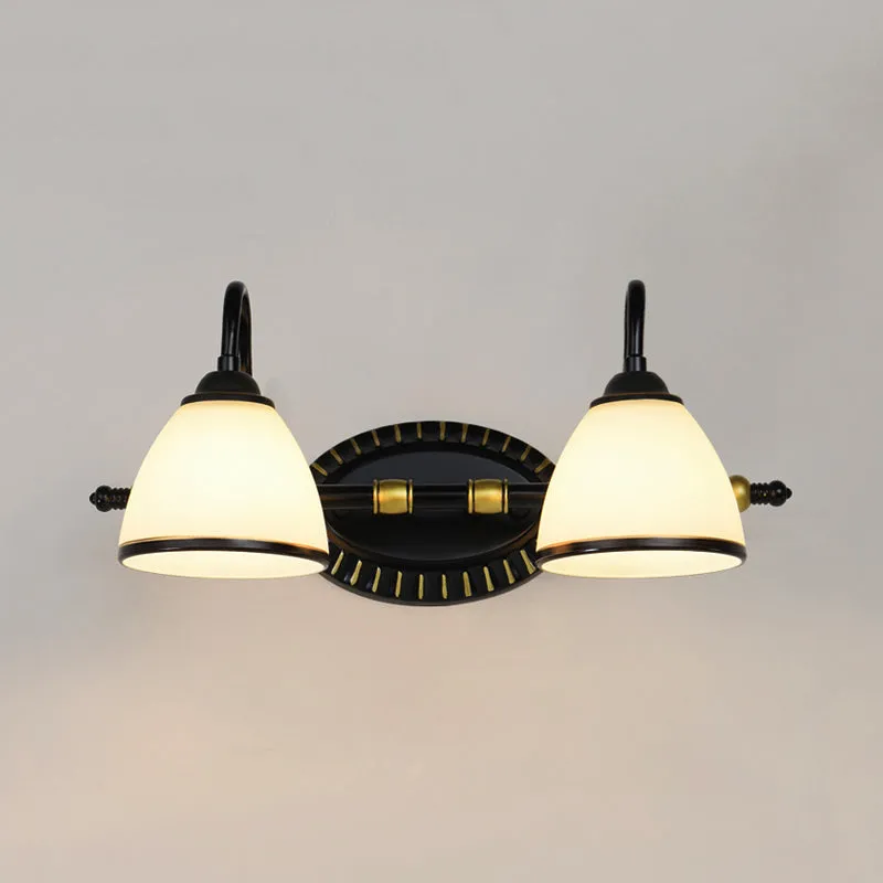 Traditionele kom ijdelheid verlichtingsarmatuur 2/3 lampen melkachtig glazen schans wandlamp zwart met metalen gebogen arm...