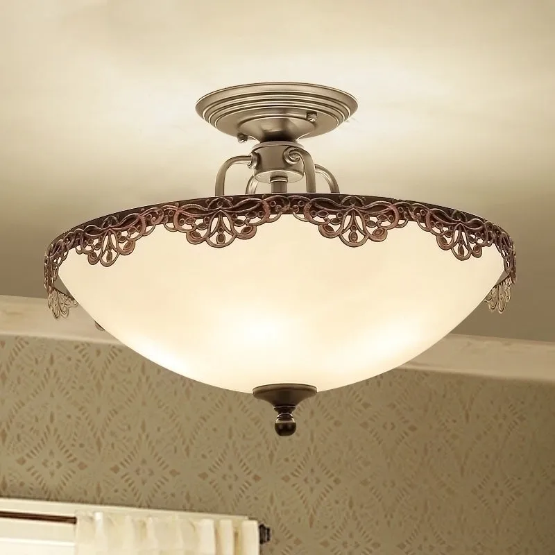 Traditionele komvormige plafondlamp, 6-lichts wit glas, semi-inbouwlamp voor eetkamer Clearhalo