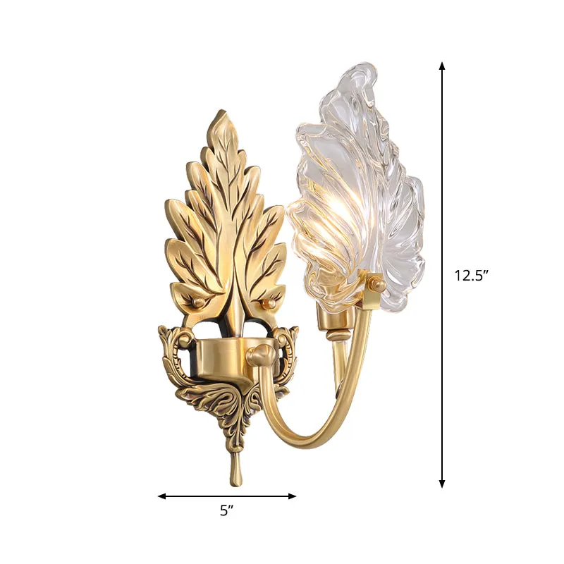 Traditionele Palmblad Schanslamp 1/2 Lichten Helder Glazen Wandverlichting Idee met Gebogen Arm Messing Clearhalo