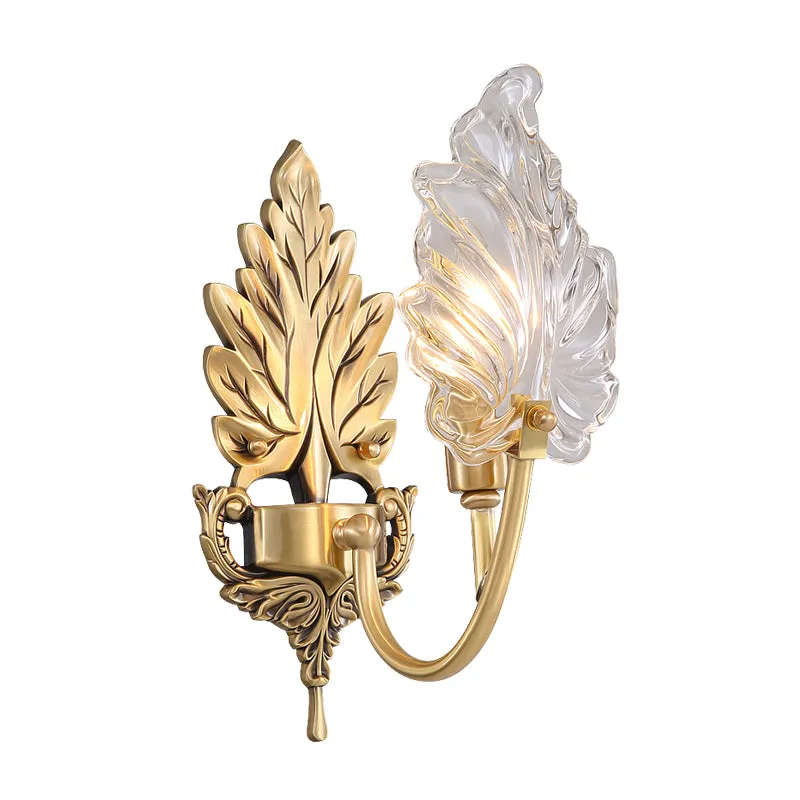 Traditionele Palmblad Schanslamp 1/2 Lichten Helder Glazen Wandverlichting Idee met Gebogen Arm Messing Clearhalo