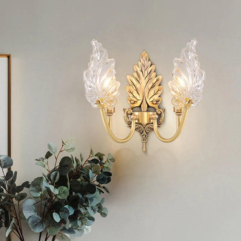 Traditionele Palmblad Schanslamp 1/2 Lichten Helder Glazen Wandverlichting Idee met Gebogen Arm Messing Clearhalo