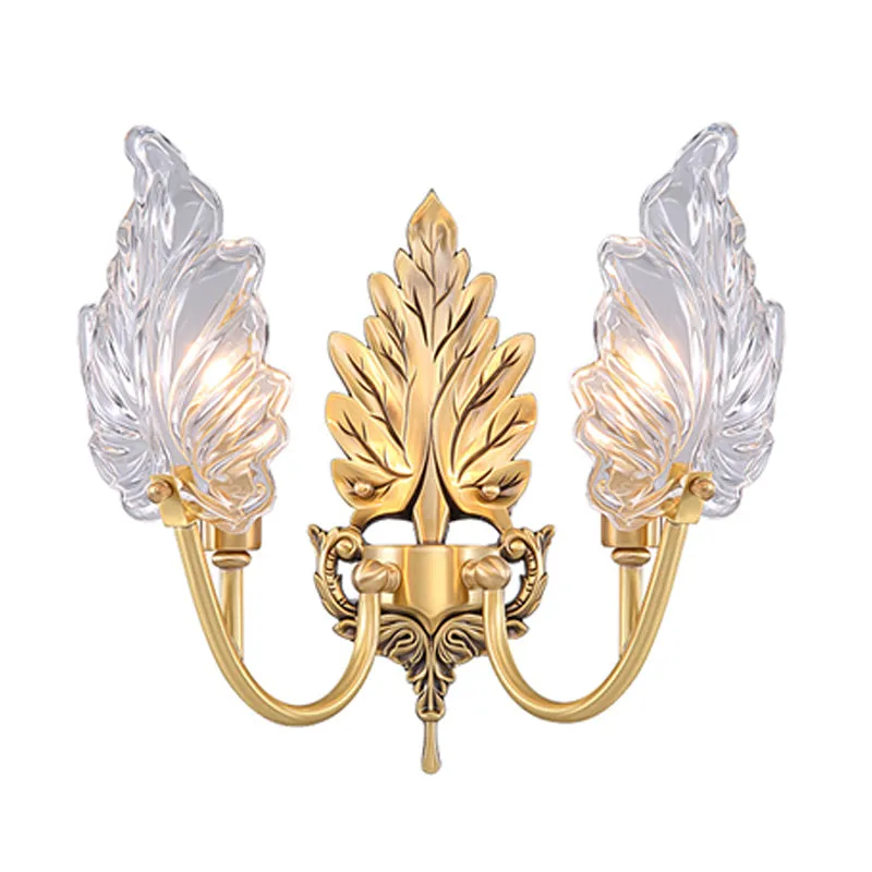 Traditionele Palmblad Schanslamp 1/2 Lichten Helder Glazen Wandverlichting Idee met Gebogen Arm Messing Clearhalo