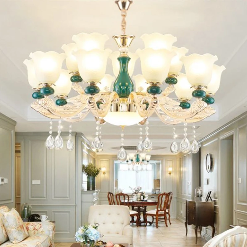 Traditionele Ruffle Bell Suspension Light Crèmekleurige glazen kroonluchterlamp met hangend kristal groen Clearhalo