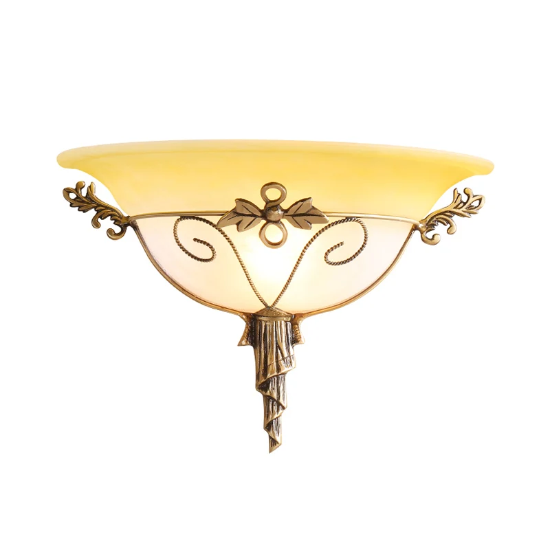 Traditionele trompetblaker wit/geel glas 1 lamp wandgemonteerd lichtarmatuur met bladdeco voor trap Clearhalo