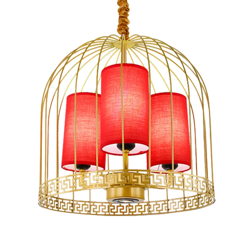 Traditionele vogelkooi kroonluchter licht metaal 3/5 lichts restaurant zwart/gouden plafondlamp met rode stoffen cilinderk...