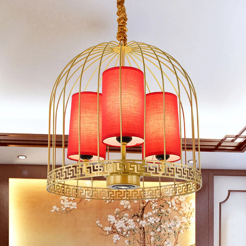 Traditionele vogelkooi kroonluchter licht metaal 3/5 lichts restaurant zwart/gouden plafondlamp met rode stoffen cilinderk...