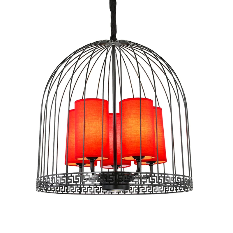 Traditionele vogelkooi kroonluchter licht metaal 3/5 lichts restaurant zwart/gouden plafondlamp met rode stoffen cilinderk...
