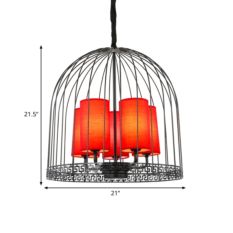 Traditionele vogelkooi kroonluchter licht metaal 3/5 lichts restaurant zwart/gouden plafondlamp met rode stoffen cilinderk...