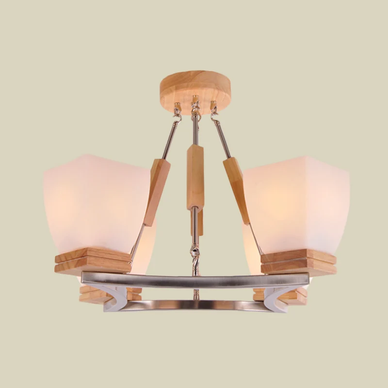 Trapezium hangende kroonluchter modernisme wit matglas 4 koppen chroom en hout plafondlamp Clearhalo