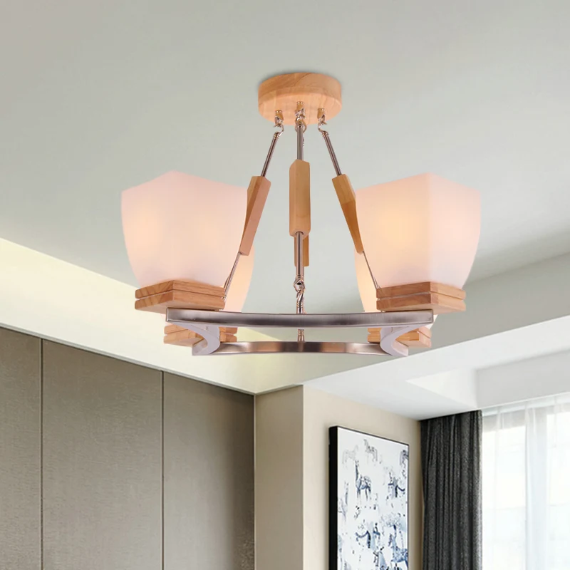 Trapezium hangende kroonluchter modernisme wit matglas 4 koppen chroom en hout plafondlamp Clearhalo