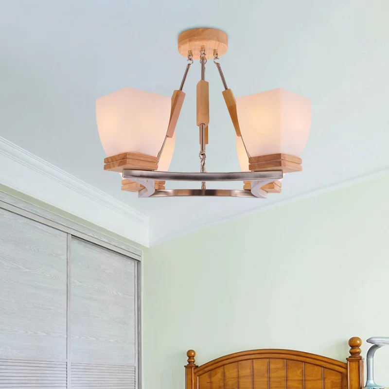 Trapezium hangende kroonluchter modernisme wit matglas 4 koppen chroom en hout plafondlamp Clearhalo