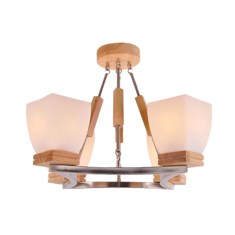 Trapezium hangende kroonluchter modernisme wit matglas 4 koppen chroom en hout plafondlamp Clearhalo