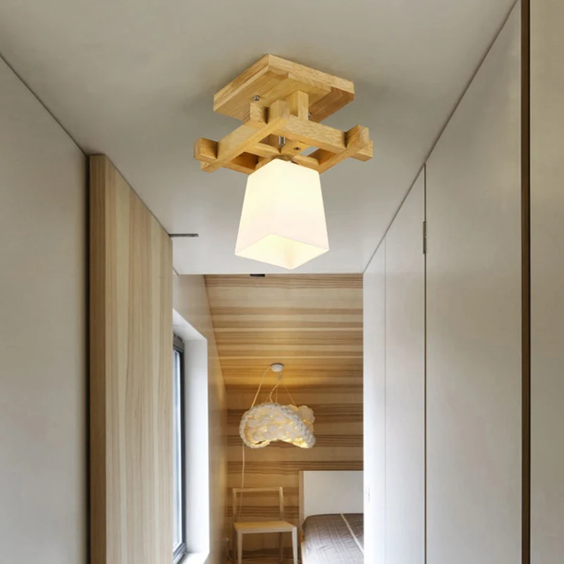 Trapeziumvormige gangpad-plafondlamp opaalglas 1-lichts Scandinavische stijl semi-inbouwlamp warm/wit licht met houten bla...