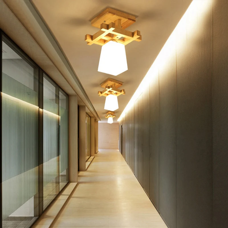 Trapeziumvormige gangpad-plafondlamp opaalglas 1-lichts Scandinavische stijl semi-inbouwlamp warm/wit licht met houten bla...