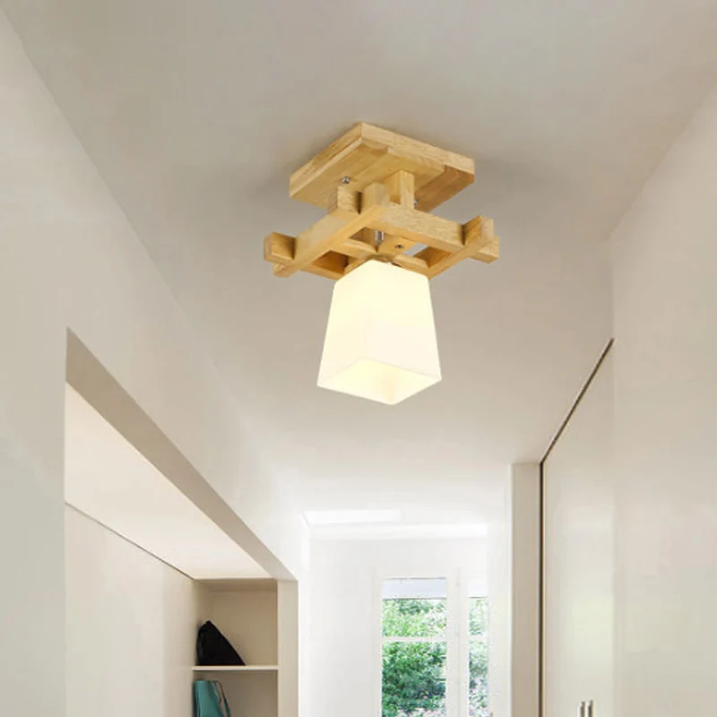 Trapeziumvormige gangpad-plafondlamp opaalglas 1-lichts Scandinavische stijl semi-inbouwlamp warm/wit licht met houten bla...