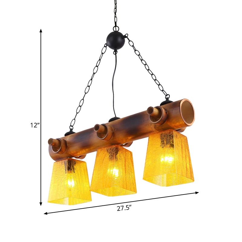 Trapeziumvormige gele waterglazen eilandlamp Countryside Eetkamerhanglamp met 3 lampen bruin met lineaire bamboebundel Cle...
