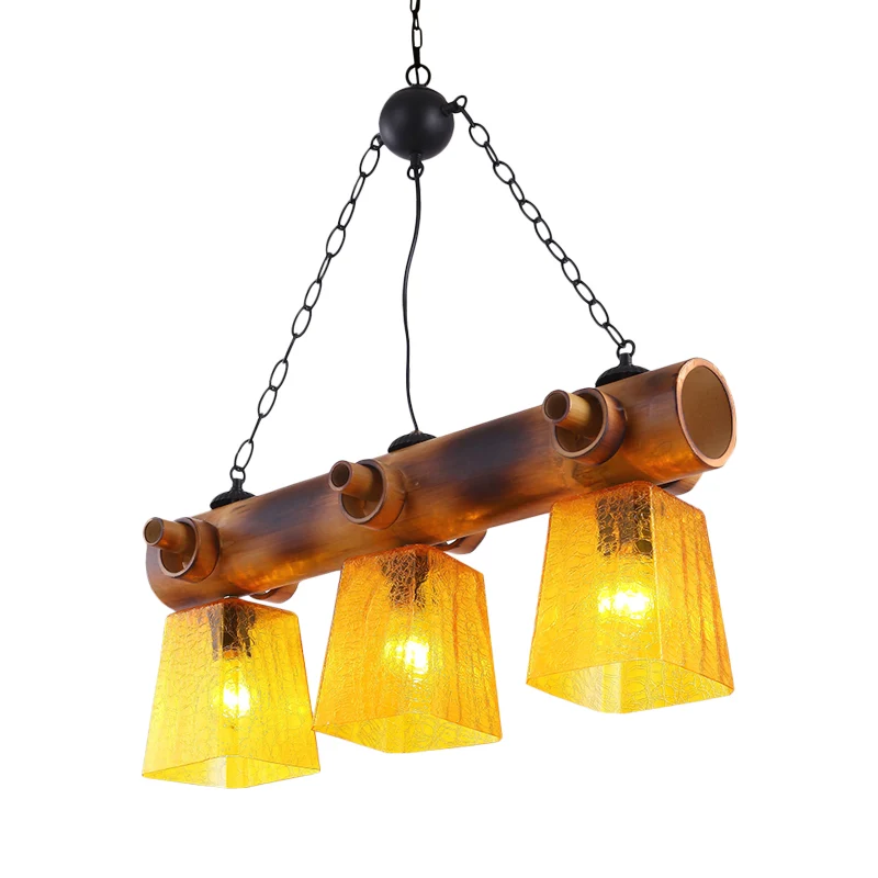 Trapeziumvormige gele waterglazen eilandlamp Countryside Eetkamerhanglamp met 3 lampen bruin met lineaire bamboebundel Cle...