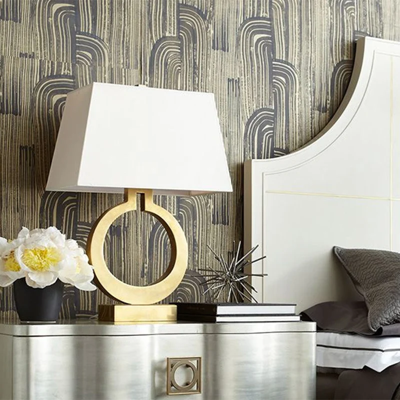 Trapeziumvormige stoffen nachtlamp rustieke stijl 1-lichts studeerkamer tafelverlichting met metalen ringontwerp goud Clea...