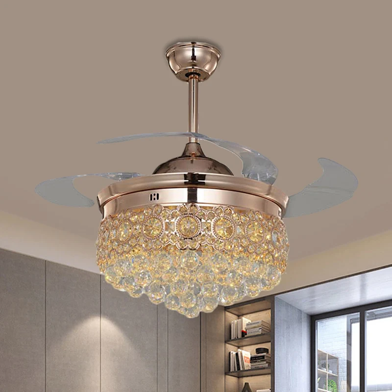 19" W trapsgewijze semi-inbouwverlichting Eenvoud Afgeschuind kristal Grote kamer LED-hangende ventilatorlamp rosé goud, 4...