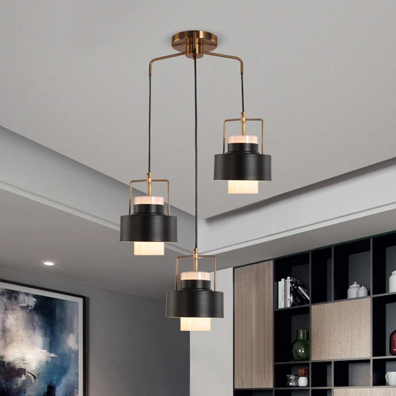 Trommelvormige metalen multi-licht hangende modernistische 3-lichts hanglamp met zwarte afwerking Clearhalo