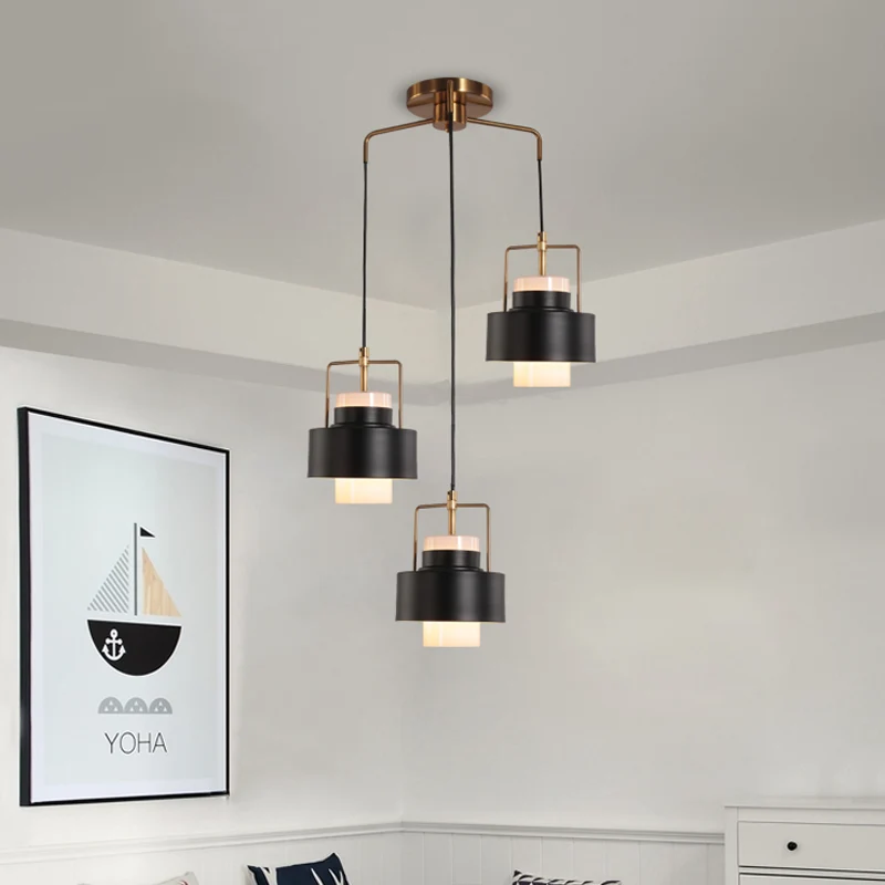 Trommelvormige metalen multi-licht hangende modernistische 3-lichts hanglamp met zwarte afwerking Clearhalo