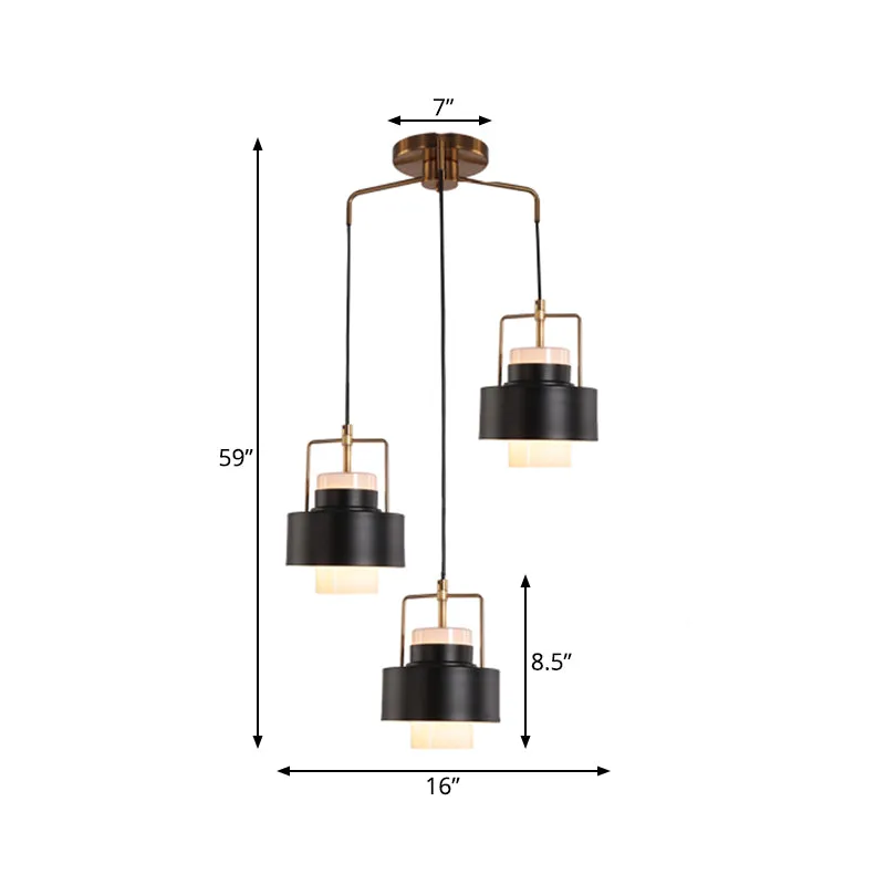 Trommelvormige metalen multi-licht hangende modernistische 3-lichts hanglamp met zwarte afwerking Clearhalo