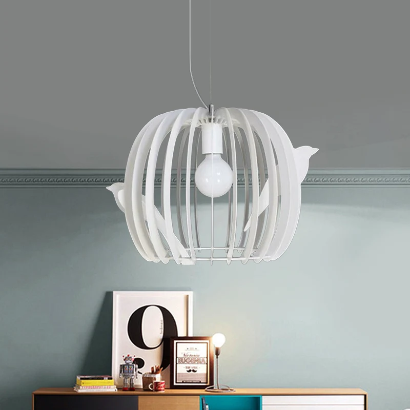 Trommelvormige vogelkooi hanglamp modern ijzer 1-lamp dinette hangende plafondlamp wit met vogeldecor Clearhalo