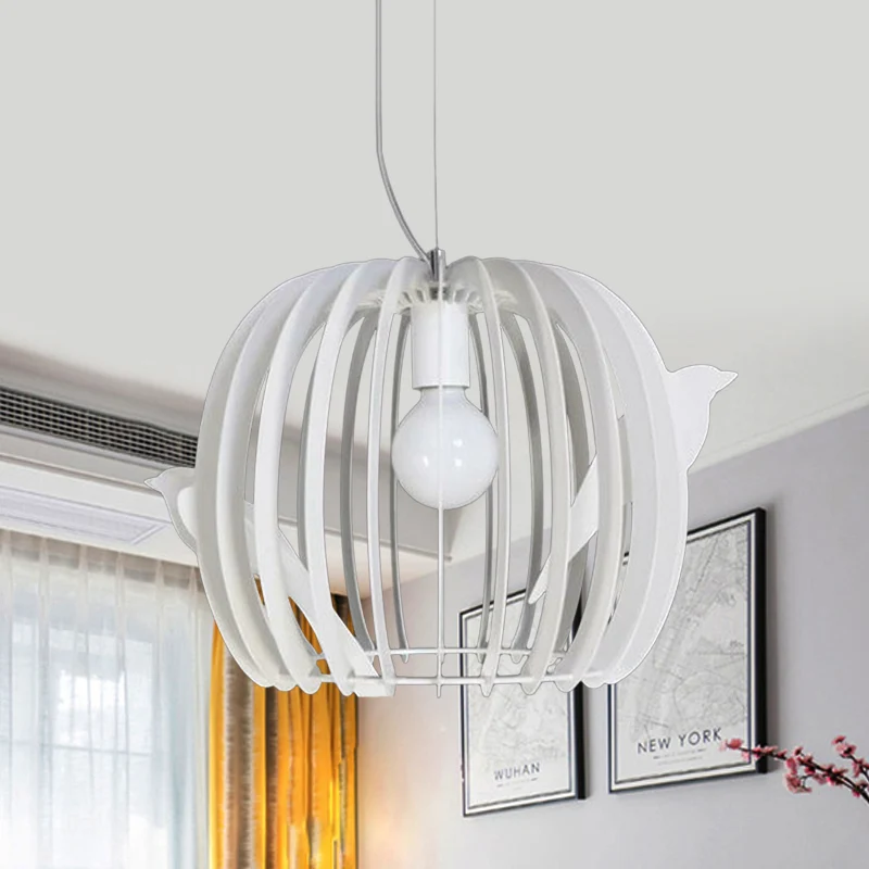 Trommelvormige vogelkooi hanglamp modern ijzer 1-lamp dinette hangende plafondlamp wit met vogeldecor Clearhalo