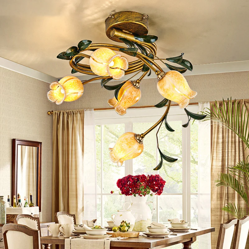 Tulp Eetkamer Semi Flush Pastorale Stijl Metaal 5 Lampen Messing LED Dichtbij Plafondlamp Clearhalo