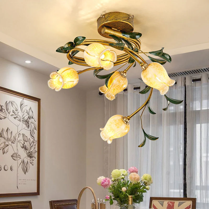 Tulp Eetkamer Semi Flush Pastorale Stijl Metaal 5 Lampen Messing LED Dichtbij Plafondlamp Clearhalo