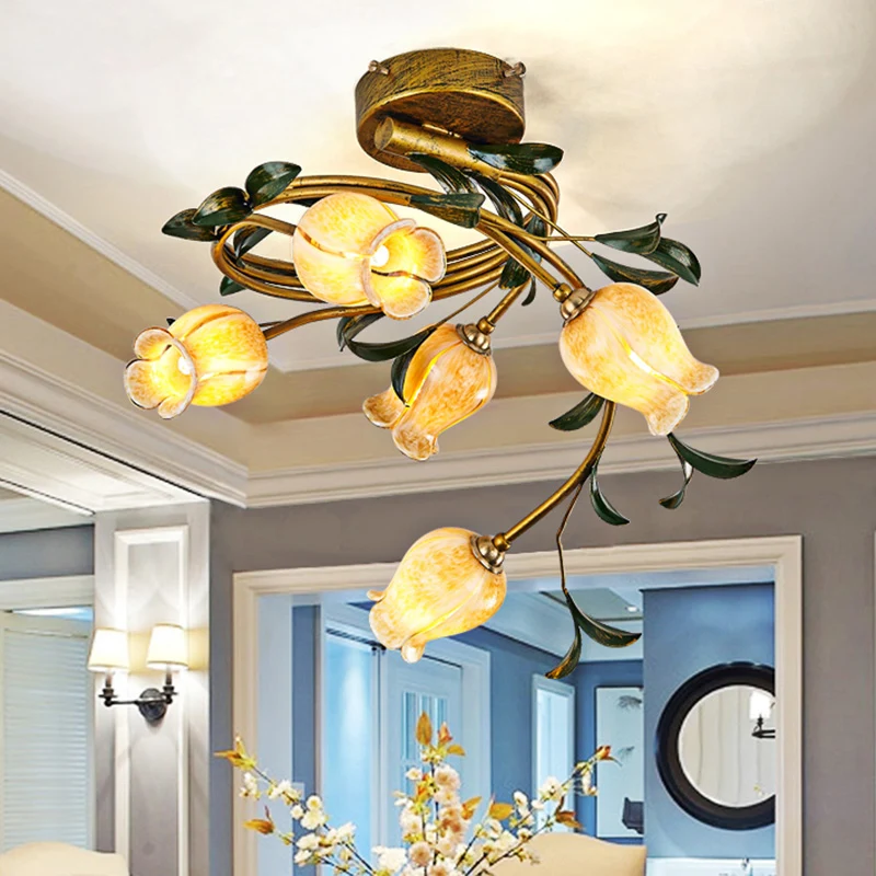 Tulp Eetkamer Semi Flush Pastorale Stijl Metaal 5 Lampen Messing LED Dichtbij Plafondlamp Clearhalo